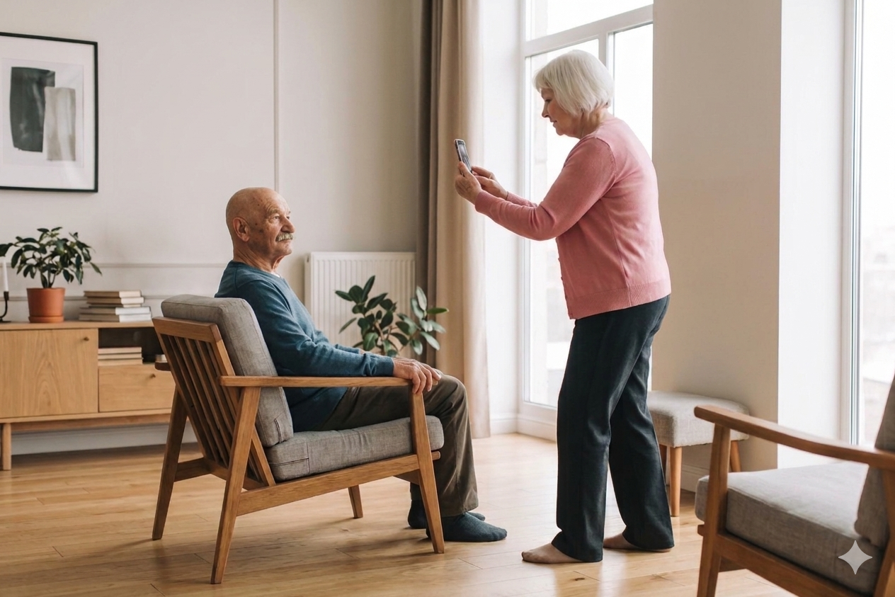 Man zit op stoel terwijl vrouw filmt met iPhone
